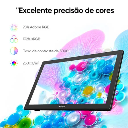 XPPen Artist 24 FHD Mesa Digitalizadora, Resolução de 1920 x 1080 e 132% sRGB na gama de cores e taxa de contraste de 3000: 1, oferecem transição de cores natural, super precisão e saturação de cores. Cuidadosamente trabalhada com tecnologia totalmente laminada e textura fosca anti-reflexo para uma sensação de desenho no papel.