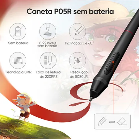 XPPen Artist 24 FHD Mesa Digitalizadora, A caneta P05R sem bateria com 8192 níveis de sensibilidade à pressão, reconhecimento de inclinação de 60° e rastreamento praticamente sem atraso garante que cada curso seja seguido com precisão infalível. O suporte de caneta simplificado mantém a caneta no lugar para um espaço de trabalho organizado.