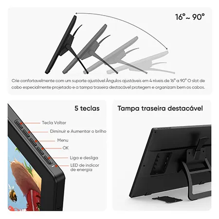 XPPen Artist 24 FHD Mesa Digitalizadora, Vem com um suporte ajustável de 16° a 90° de acordo com sua posição de desenho preferida. Desfrute de uma versatilidade ainda maior com um passo de furo VESA adicional construído para uma montagem externa, variando de clipes, furos passantes, montados na parede a conjuntos de mesa.