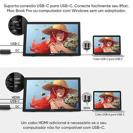 XPPen Artist 24 FHD Mesa Digitalizadora, Conectado ao PC/Mac simplesmente com um cabo USB-C para USB-C. 