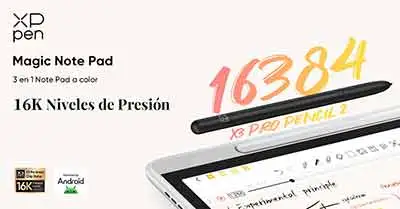 Detalle del lápiz táctil X3 Pro Pencil 2 con 16384 niveles de presión y 3g de presión inicial, con puntas blandas y duras para simular la resistencia del papel real.