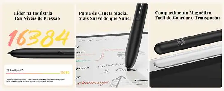 XPPen Magic Note Pad Detalhe da ponta da caneta X3 Pro Pencil 2 mostrando sensibilidade de 3g para traços superleves