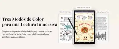 Comparativa de los tres modos de visualización del XPPen Magic Note Pad: color natural (16,7 millones de colores sRGB), modo claro suave y modo papel electrónico, adaptados para dibujo, lectura y anotaciones en documentos.