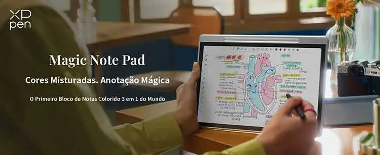 Estudante universitário usando XPPen Magic Note Pad para anotar PDFs acadêmicos no modo Ink Paper com caneta de alta precisão