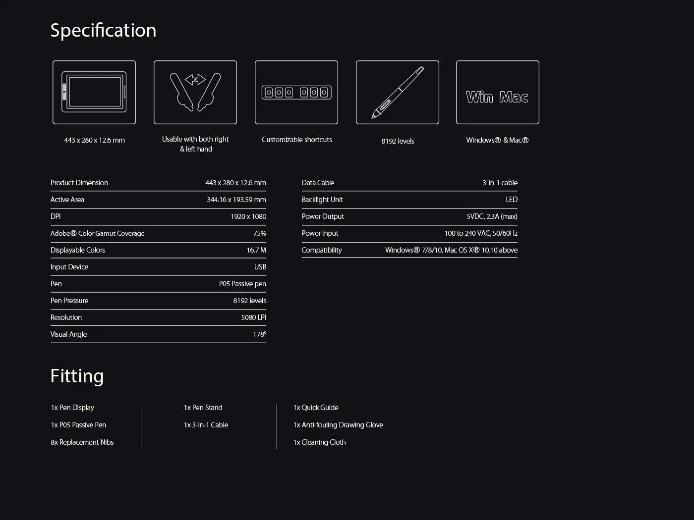 Specification and Package of Screen Art Tablet Artist 15.6