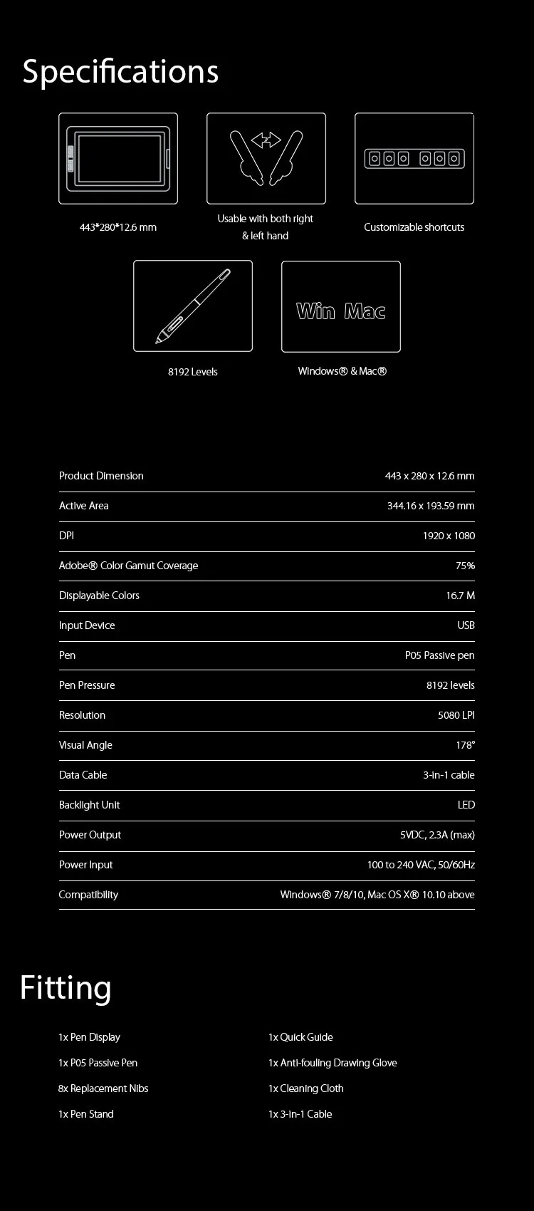 Specification and Package of Screen Art Tablet Artist 15.6