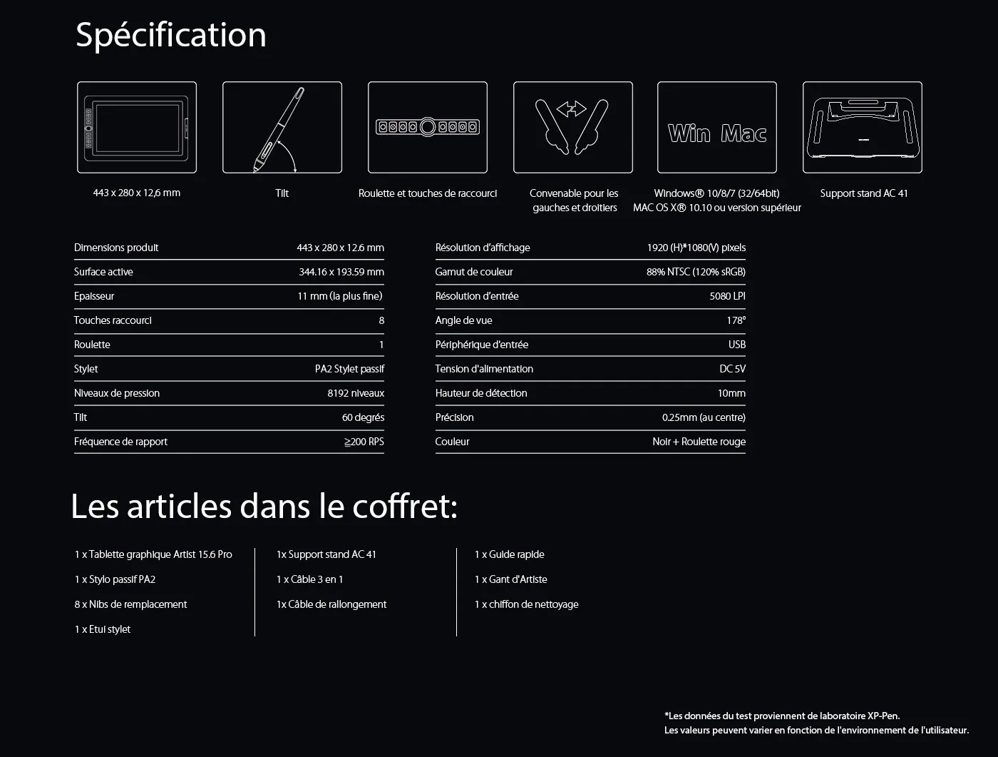 Spécification et Articles du tablette graphique avec écran XP-Pen Artist 15.6 Pro
