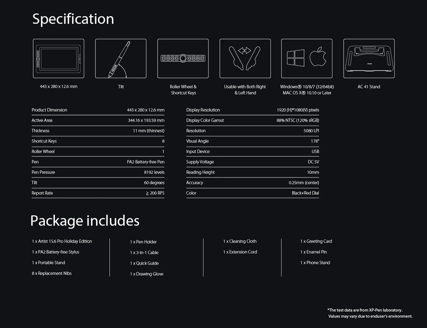 XP-Pen Artist 15.6 Pro drawing tablet monitor Specification