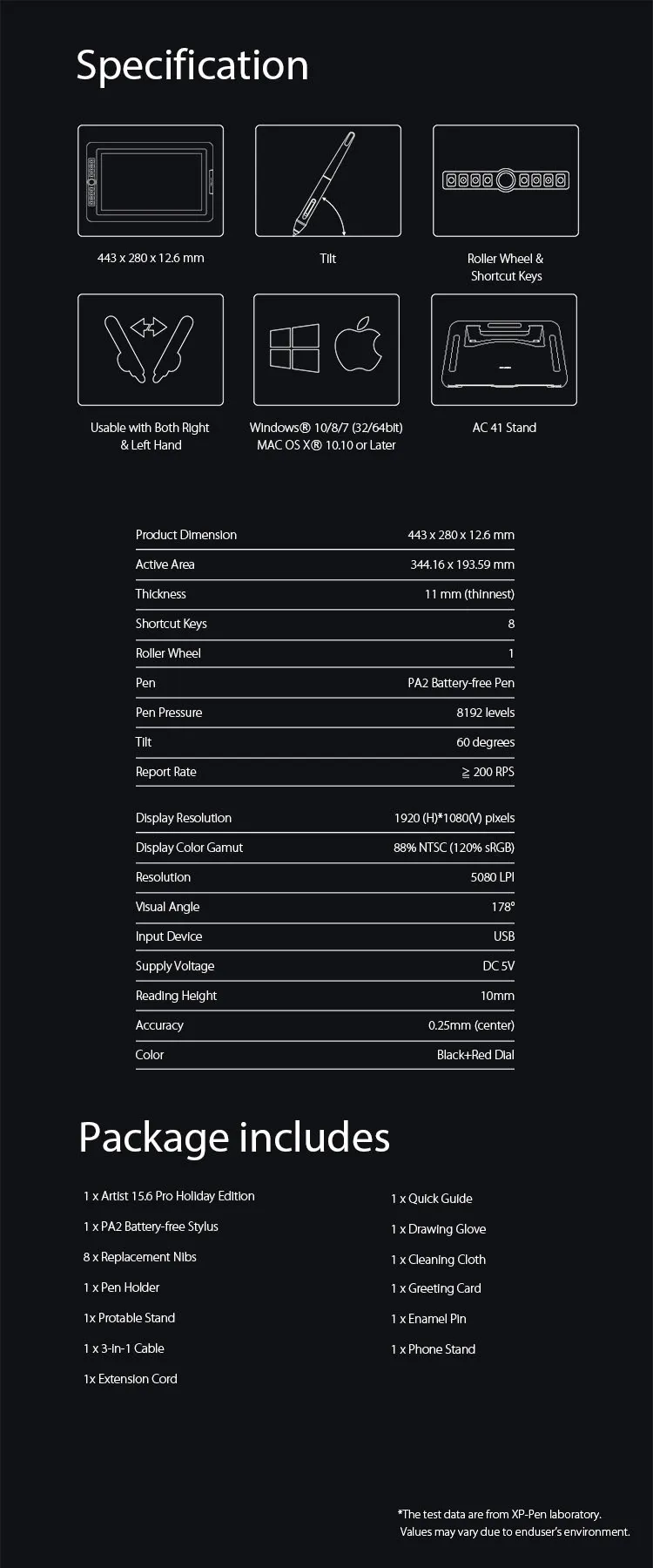 XP-Pen Artist 15.6 Pro drawing tablet monitor Specification