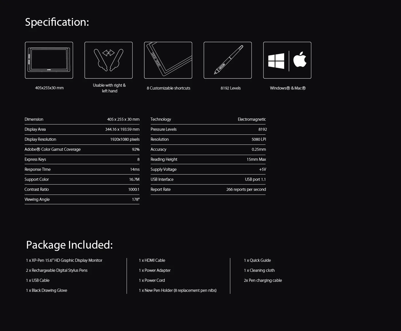  Specification and Package of Screen Art Tablet Artist 16 Pro 
