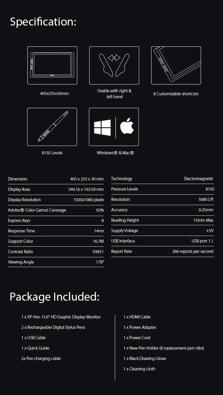  Specification and Package of Screen Art Tablet Artist 16 Pro 