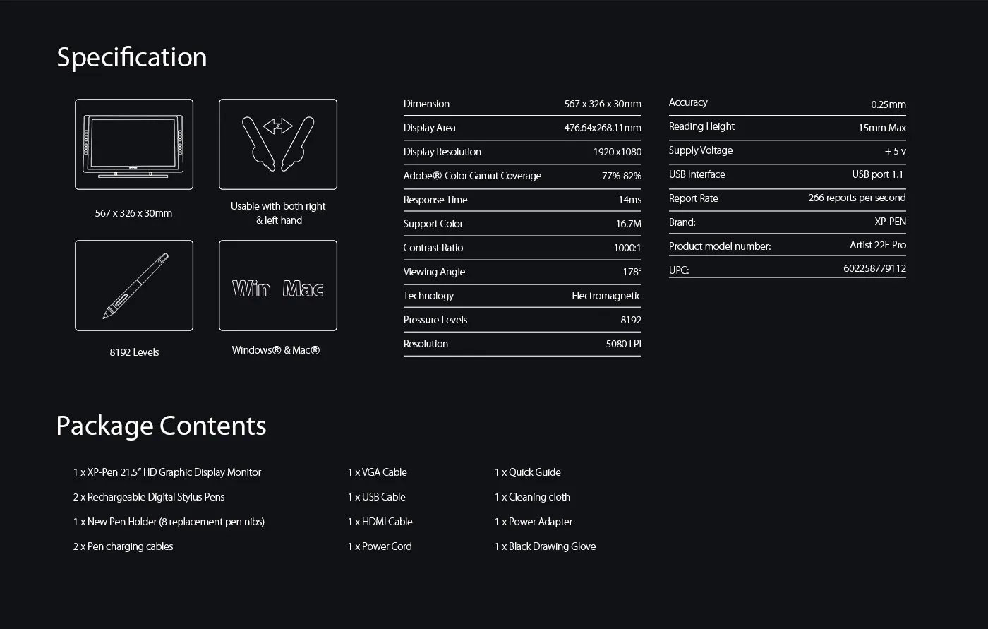 Specification of Screen Art Tablet Artist 22E Pro