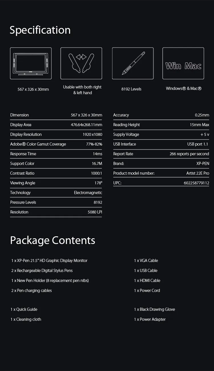 Specification of Screen Art Tablet Artist 22E Pro