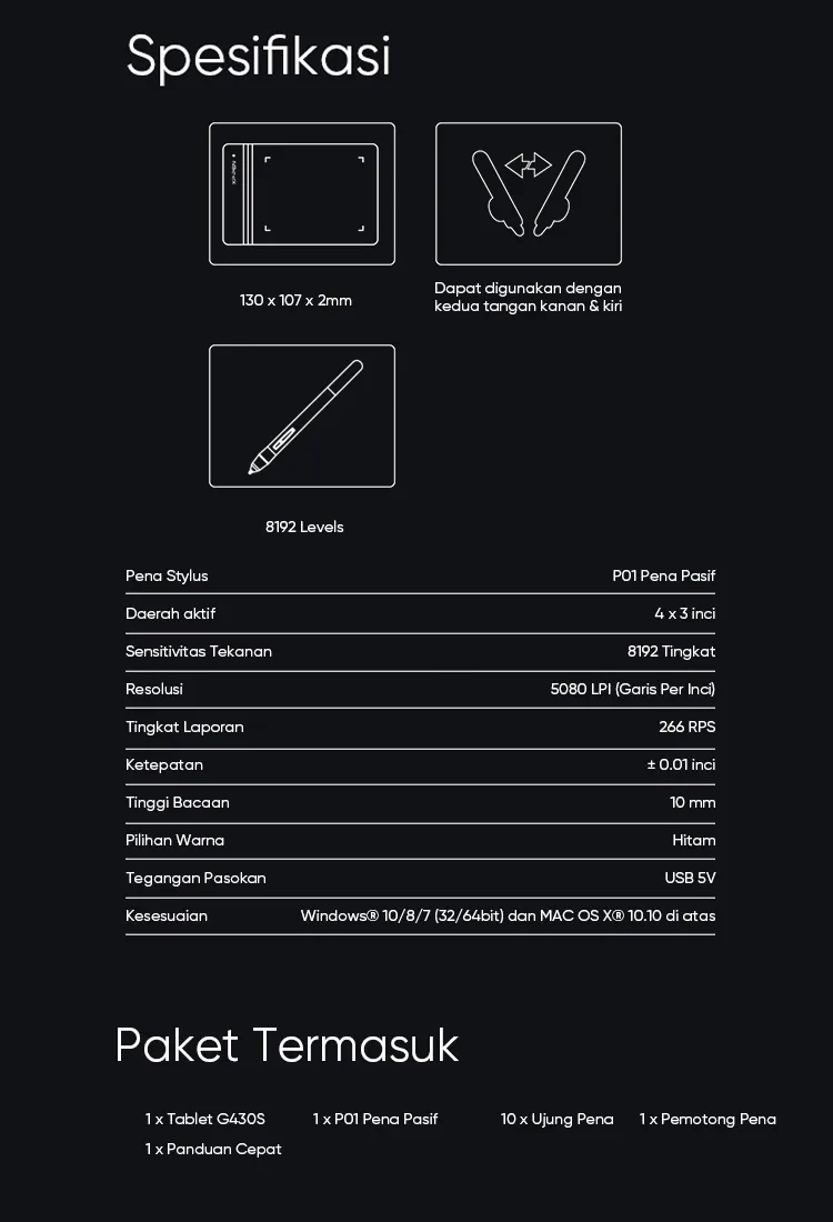 XP-Pen Star G430S kids digital drawing pad Specification