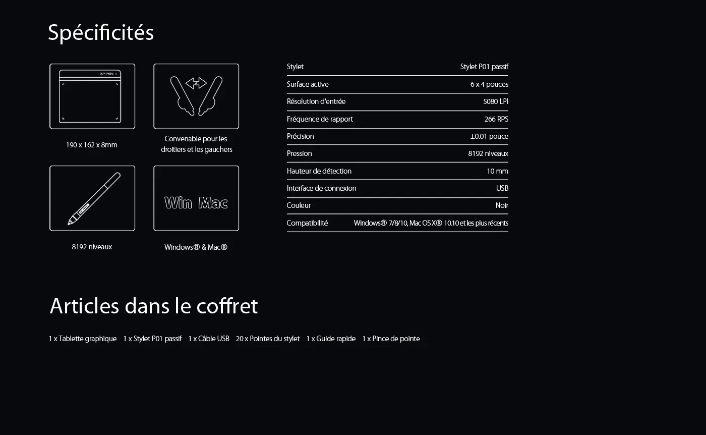 Spécification et Articles du tablette graphique portable XP-Pen Star G640