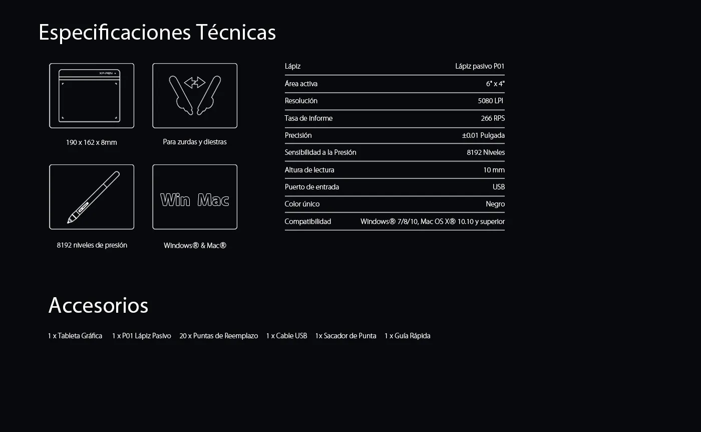 Especificaciones de pantalla gráfica XP-Pen Star G640