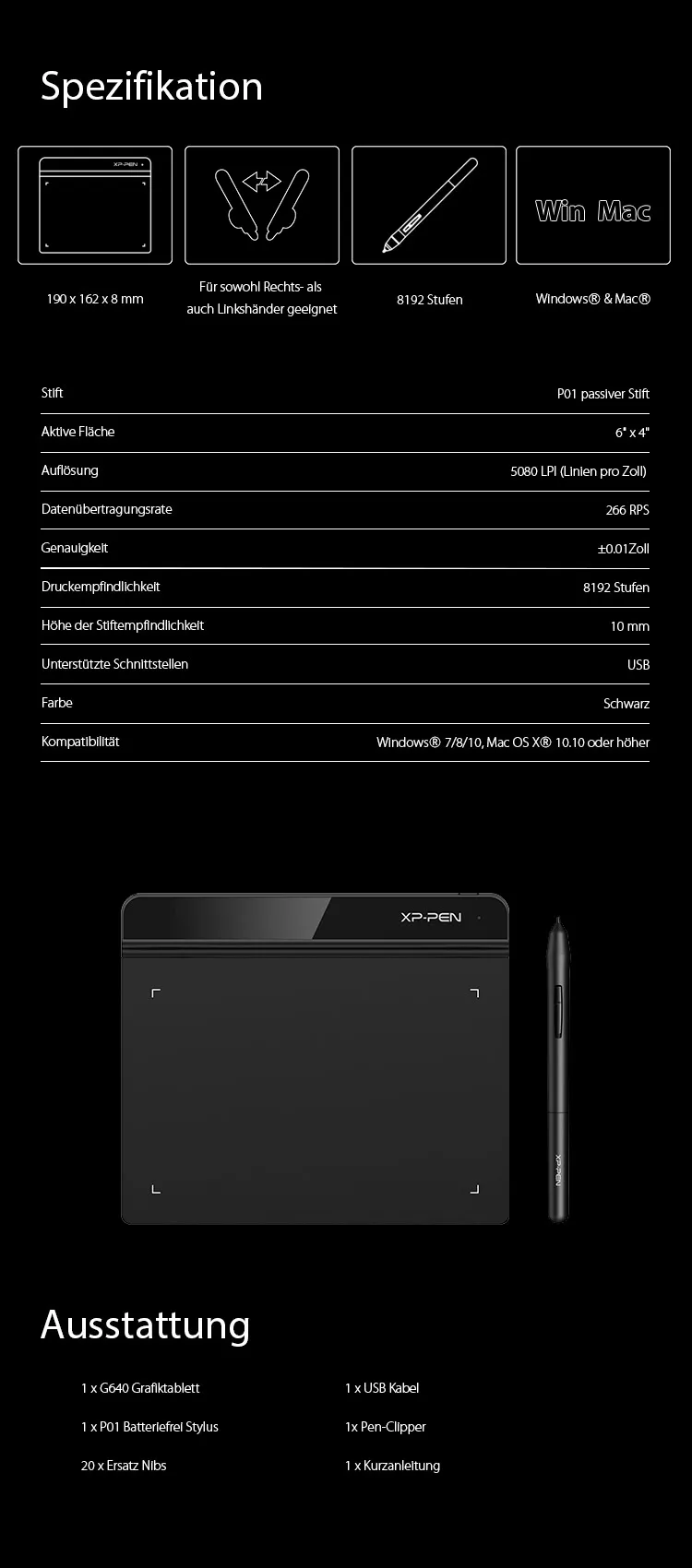 XP-PEN Star G640 Grafiktablett:spezifikationen