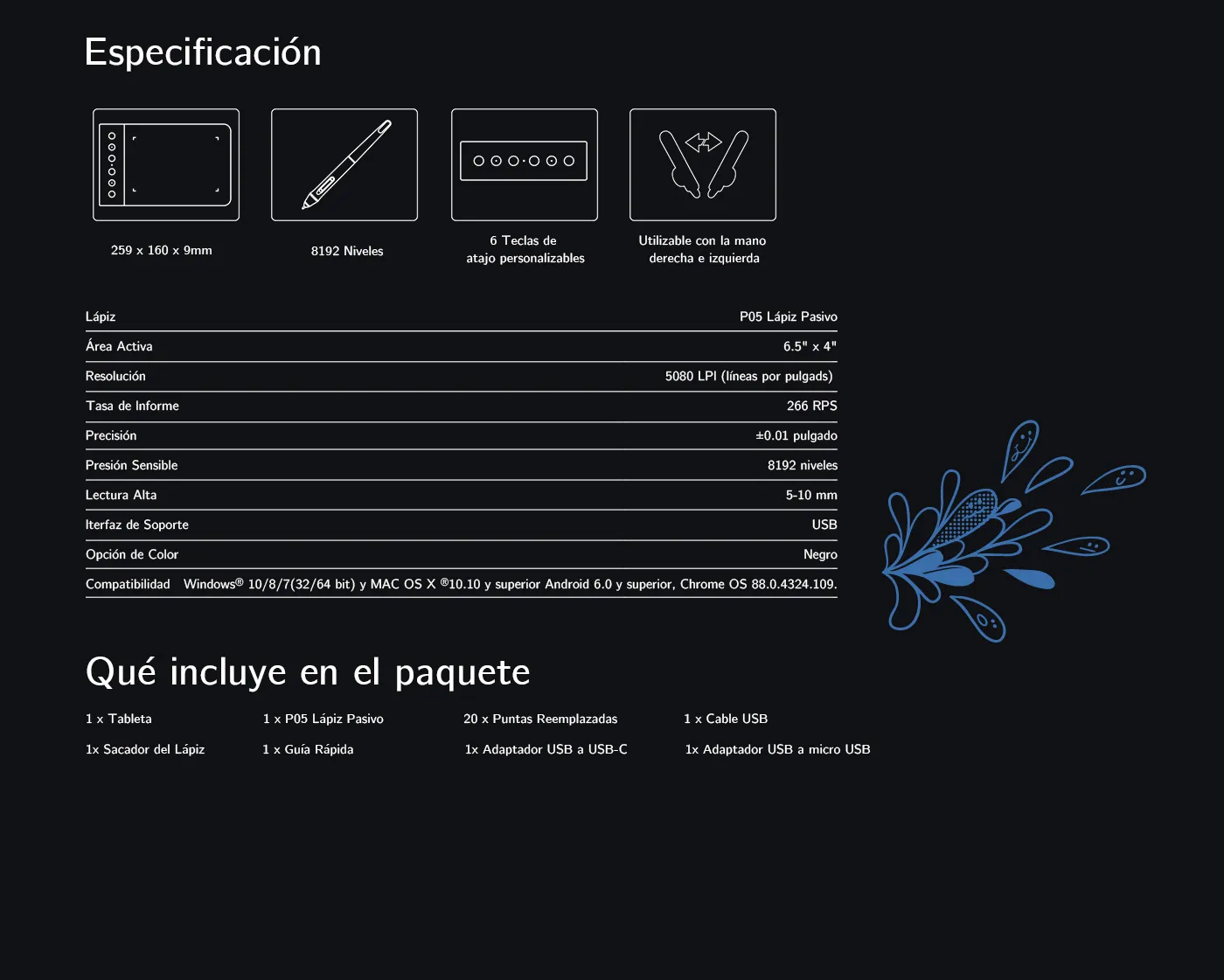 Especificaciones de Tableta gráfica XP-Pen Star G640S