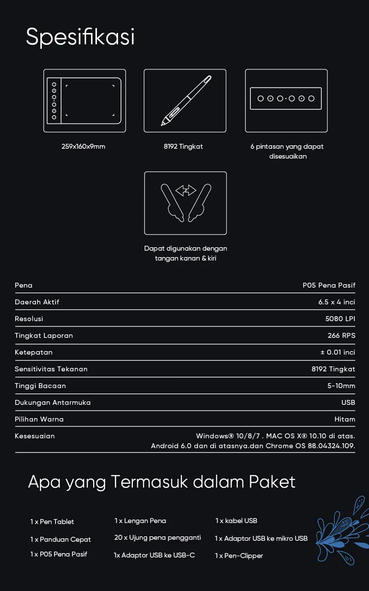 XP-Pen Star G640S kids digital drawing pad Specification