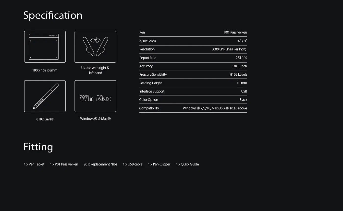 XP-Pen Star G640 best cheap drawing tablet Specification